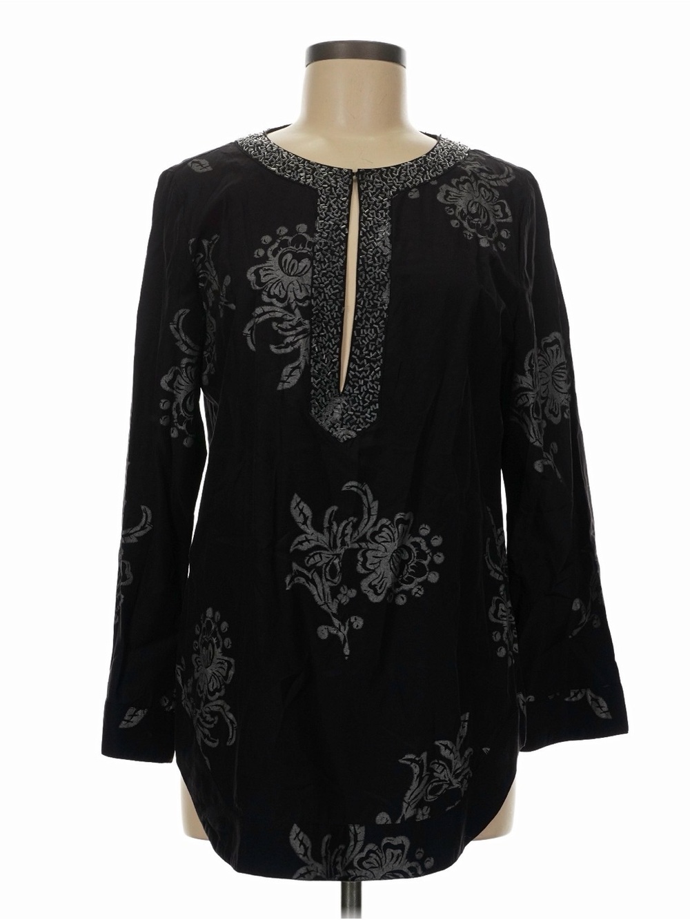 Chico's Sill Black Tunic with Gray Floral Motif Size 1